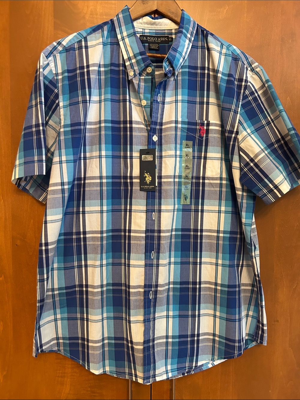 U.S. Polo Assn. Blues and White Plaid Short-Sleeve Button-Down, men’s XL, NEW